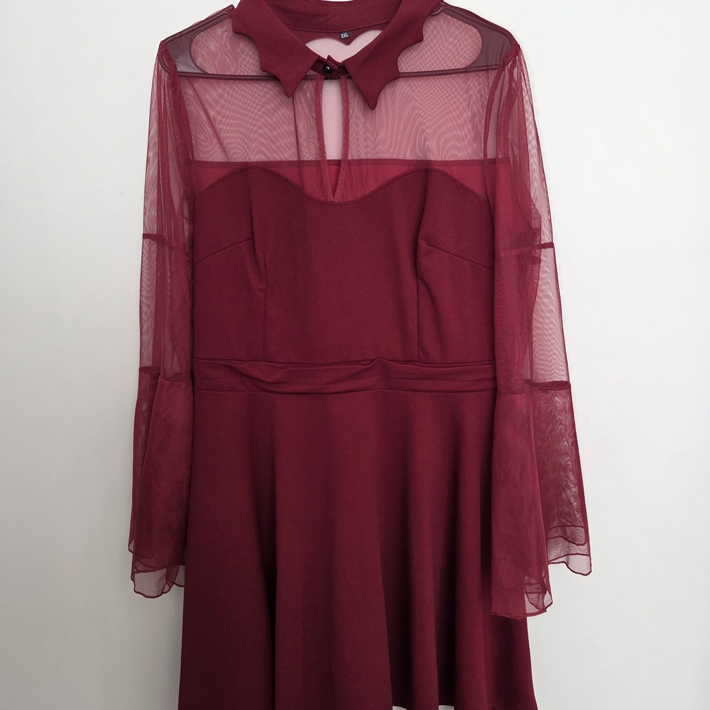 Burgundy Sheer Bat Sleeve Dress